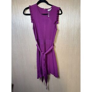 Parker Purple Sleeveless Ribbed Knit Dress with Belt, Size M, Ruffle Detail